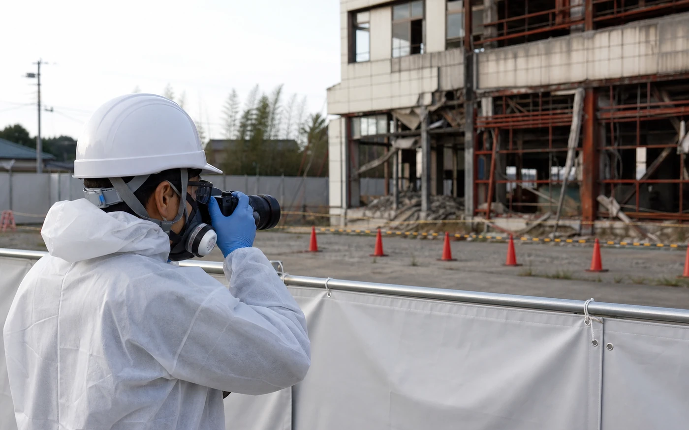 地震で損傷した古い建物の外周を安全な距離から確認する専門家